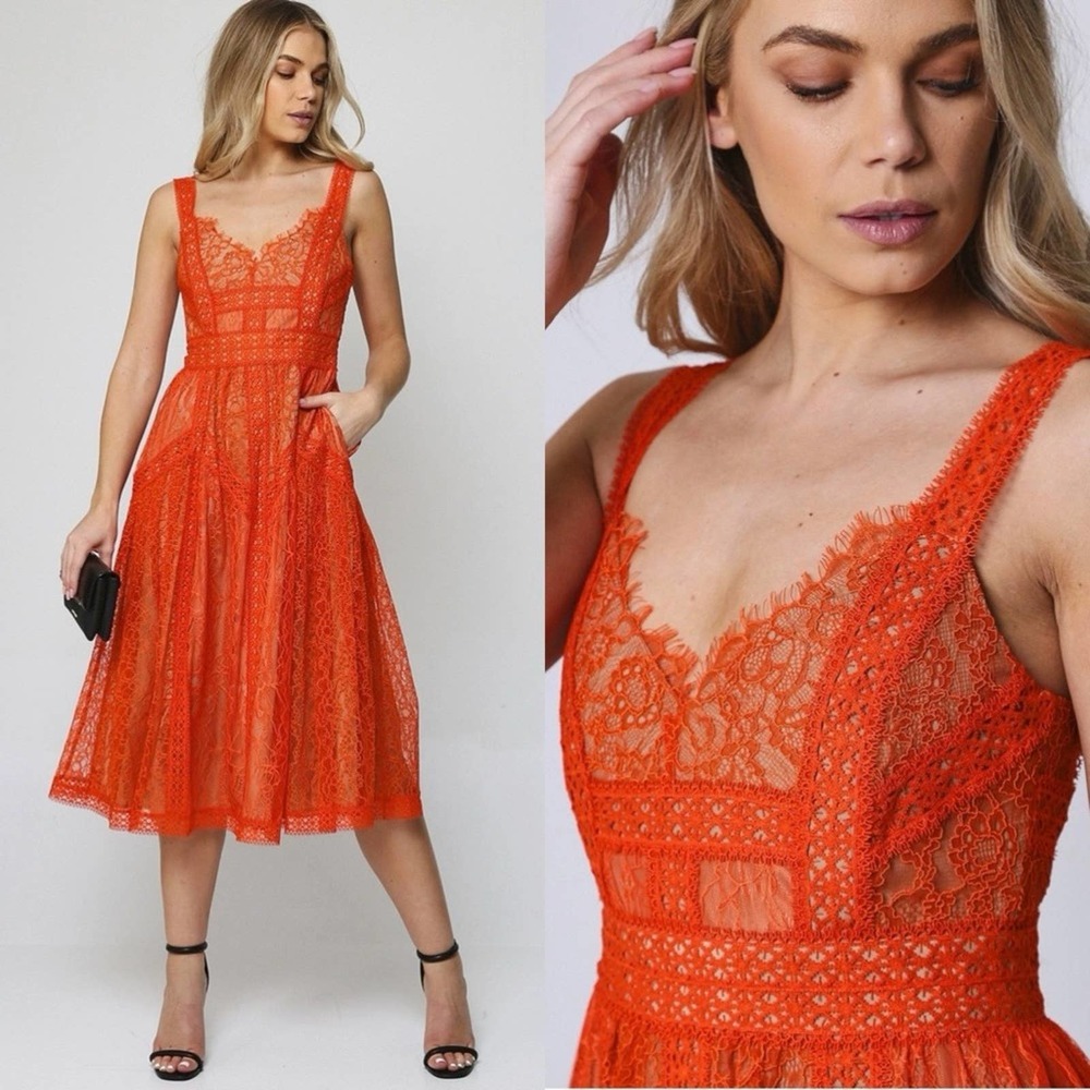Self-Portrait Orange Lace Midi Dress
